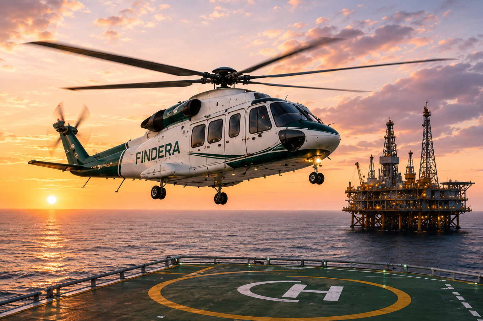 Offshore helicopter flying over ocean near oil platform